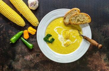 Autumn spicy corn soup. Vegetarian cuisine.