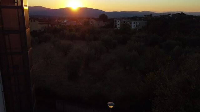 Revealing Reggello middle school buildings at sunset. End summer sunny day. Tuscany hills close to Vallombrosa monastery, Italy