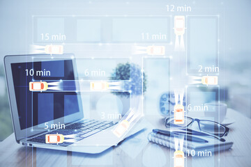 Desktop computer background in office with automobile hologram drawing. Multi exposure. Tech concept.