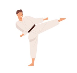 Smiling guy in kimono demonstrate hitting exercise raising leg practicing karate vector flat illustration. Male professional or amateur fighter enjoy martial art isolated on white. Man doing sports © Good Studio