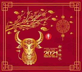 Happy new year 2021, Chinese new year greetings card, Year of the Ox (Chinese translation Happy Chinese New Year, Year of Ox)