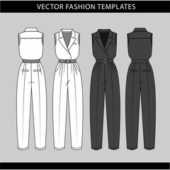 jumpsuit  fashion flat sketch template,Front and back view of a jumpsuit