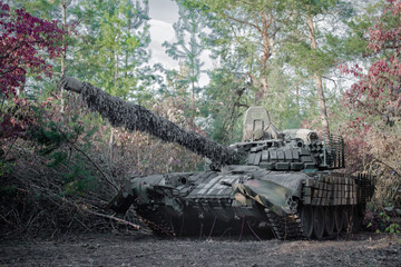 panzer T-64 is ready for battle on the eastern front of Ukraine in Donbass