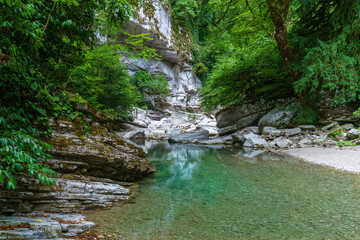 Calm river with clear water between white rocks. Green forest