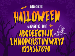 Halloween font. Typography alphabet with colorful spooky and horror illustrations.