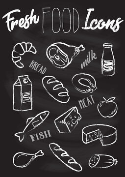 Food Icons, Emblems Chalkboard Sketches, Meat, Milk, Bread, Cheese, Fruits