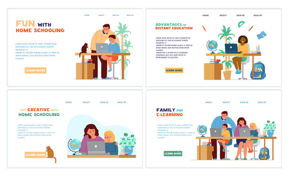 Homeschooling or online education website template set. Kid seats at table with laptops with parent or tutor and learning at home. Vector design.