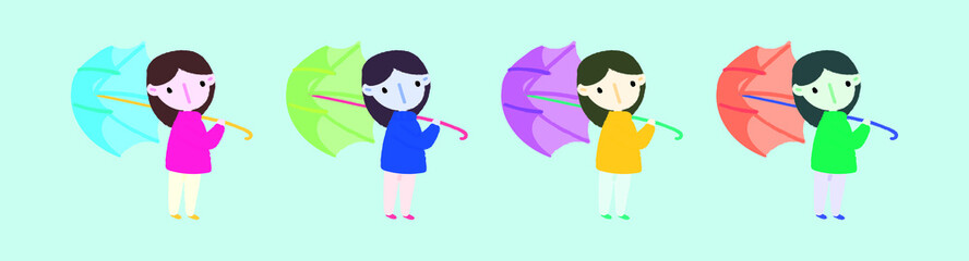 set of girl with umbrella cartoon icon design template with various models. vector illustration