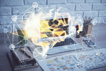 Multi exposure of work space with computer and human brain hologram. Brainstorm concept.