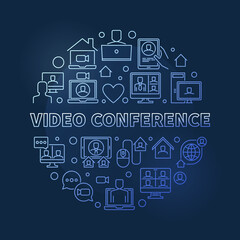 Vector Video Conference concept round blue outline illustration on dark background