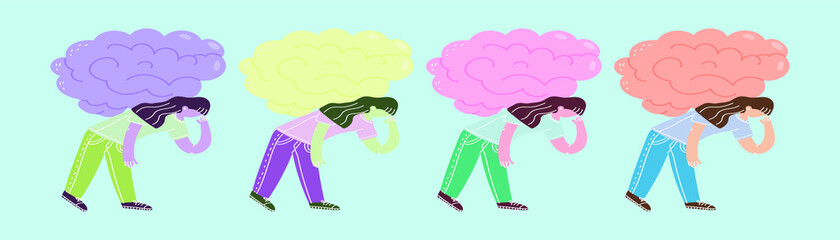 set of young girl carrying brain cartoon icon design template with various models. vector illustration