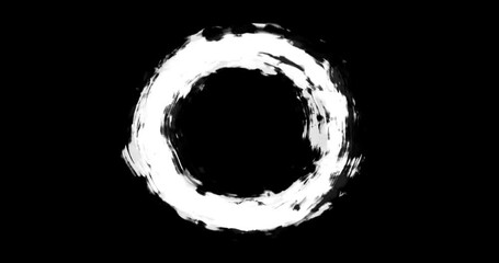 Abstract white circle drawn with brush strokes on black background. 2D animation of letter O. Rotation sign with dirty effect. Creative element for motion graphics design. Video figure twisting wheel.