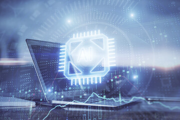 Double exposure of computer and technology theme hologram. Concept of freelance work.