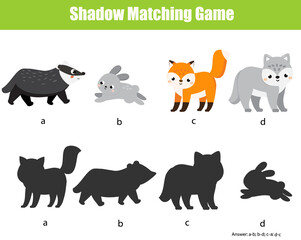 Shadow matching game. Kids activity with forest animals. fun page for toddlers