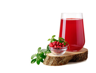 Lingonberries and a glass with lingonberry juice isolated on white background with copy space