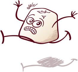 Computer ESC key in minimalist style, with bulging eyes and stick limbs feeling in trouble. It gnashes its teeth, sweats and looks back as if something was chasing it. It runs away as fast as possible