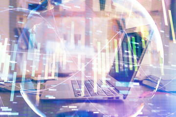 Multi exposure of business theme icons and table with computer background. Concept of success.