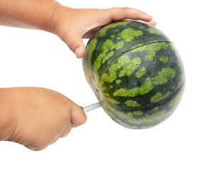 Ripe watermelon cuts with a knife on a white background.