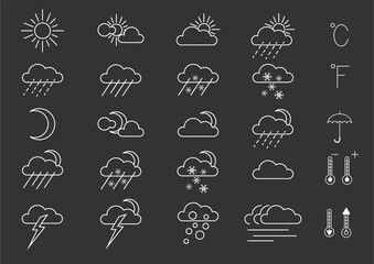 Naklejka premium Wheather Forecast Icon Set, Clouds, Wind; Snow; Rain; Lightning 