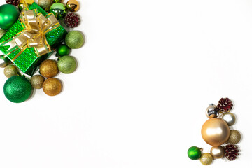 New Year's toys with a gift on a white background. Holiday concept. copy space for text. View from above