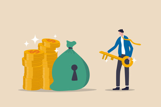 Financial Key Success, Safe Haven For Investment Or Wealth Manager To Manage Money Concept, Success Businessman Finance Advisor Holding Golden Key For Money Bag With Keyhole And Gold Money Coins Stack