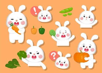 Cartoon comic illustration rabbit emoji with various vegetables set