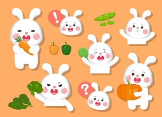 Fototapeta premium Cartoon comic illustration rabbit emoji with various vegetables set