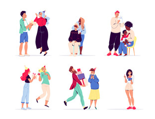 Young happy people giving presents to each other, celebrating on party isolated. Boys and girls, mother with baby cartoon characters with gift boxes. Vector flat illustration.