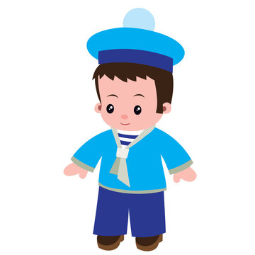 cute little sailor in blue suit, isolated object on white background, vector illustration,