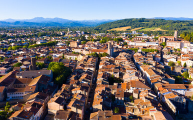 Panoramic aerial view of Pamiers cityscape with buildings, located on the river Ariege, France