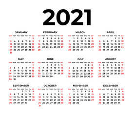Calendar for 2021 on white background