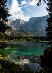 View over Mangart mountain at Laghi di Fusine lake, Friuli-Venezia Giulia, Italy