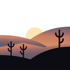 sun over mountains and cactus silhouette landscape vector design
