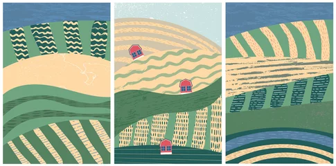 Rolgordijnen Set van abstracte landschap vector achtergrond illustratie. Platteland met kleurrijke textuur. Bundel decoratieve ecokaarten. Natuur, ecologie, biologisch, milieubanners, ansichtkaarten, posterontwerp © Maria Petrish