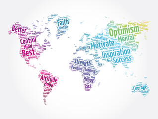 Plakat Optimism word cloud in shape of world map, concept background