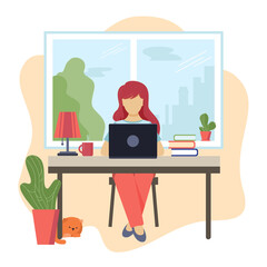 A girl with a laptop at a Desk, working from home. Concept-education, freelance work or business remotely. Vector illustration in flat style.