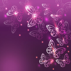 Vector illustration of pink night glowing butterflies