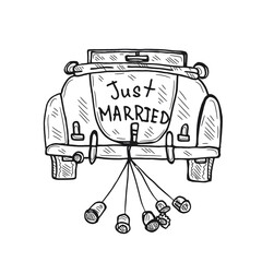Сomposition with cute hand drawn old car. Love collection. Just married. Vector