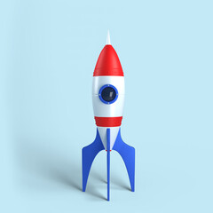 Rocket on blue background, 3D rendering illustration