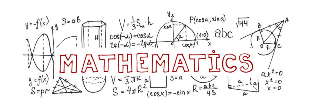 Banner with hand drawn mathematics formules and other elemets. Science collection. Vector doodlle illustration