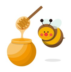 Cute honey jar with bees isolated in white background