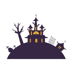 Halloween houses with tree grave and gate vector design