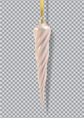 Realistic pearl pink Christmas tree toy in the form of a icicle, spiral. 