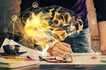 Haman brain multi exposure icon with man hands background.
