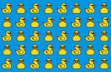 Rubber yellow duck in sunglasses. Seamless Pattern