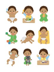 Cute happy baby and his daily set of cute cartoon babies and baby illustrations, baby diapers, crawling babies, eating baby noodles