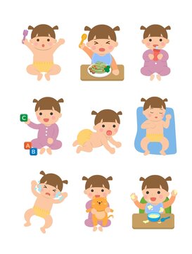 Cute happy baby and his daily set of cute cartoon babies and baby illustrations, baby diapers, crawling babies, eating baby noodles