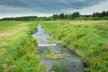 Fototapeta na wymiar A small river flowing through meadows and clouds in the sky