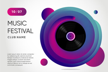 Event poster for music festival. Vinyl record with twisted color gradient. Night club flyer template. Vector background.