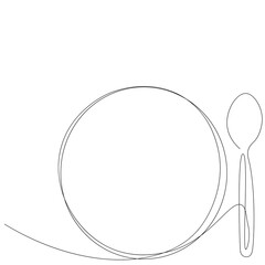 Spoon near plate line drawing, vector illustration